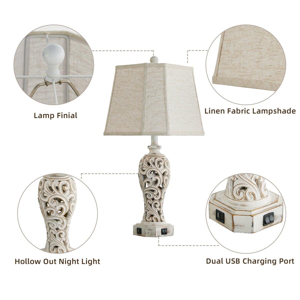 RORIA 25" Living Room Table Lamps Set of 2, Hollow Resin Farmhouse Rustic Bedside Lamp with 2 USB Charging Ports and Night Light, for Bedroom Nightstands
