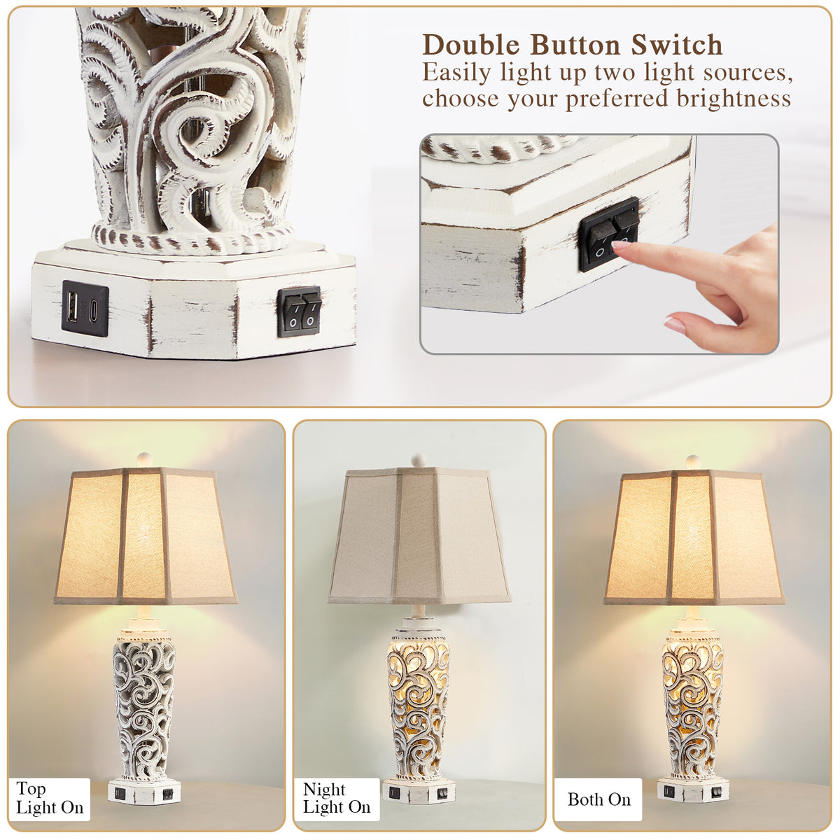 JUJUYUYOP 27" White Rustic Farmhouse Style Living Room Table Lamps Set of 2, Dual USB Charging Ports Ideal for Nightstands (Bulbs Included)