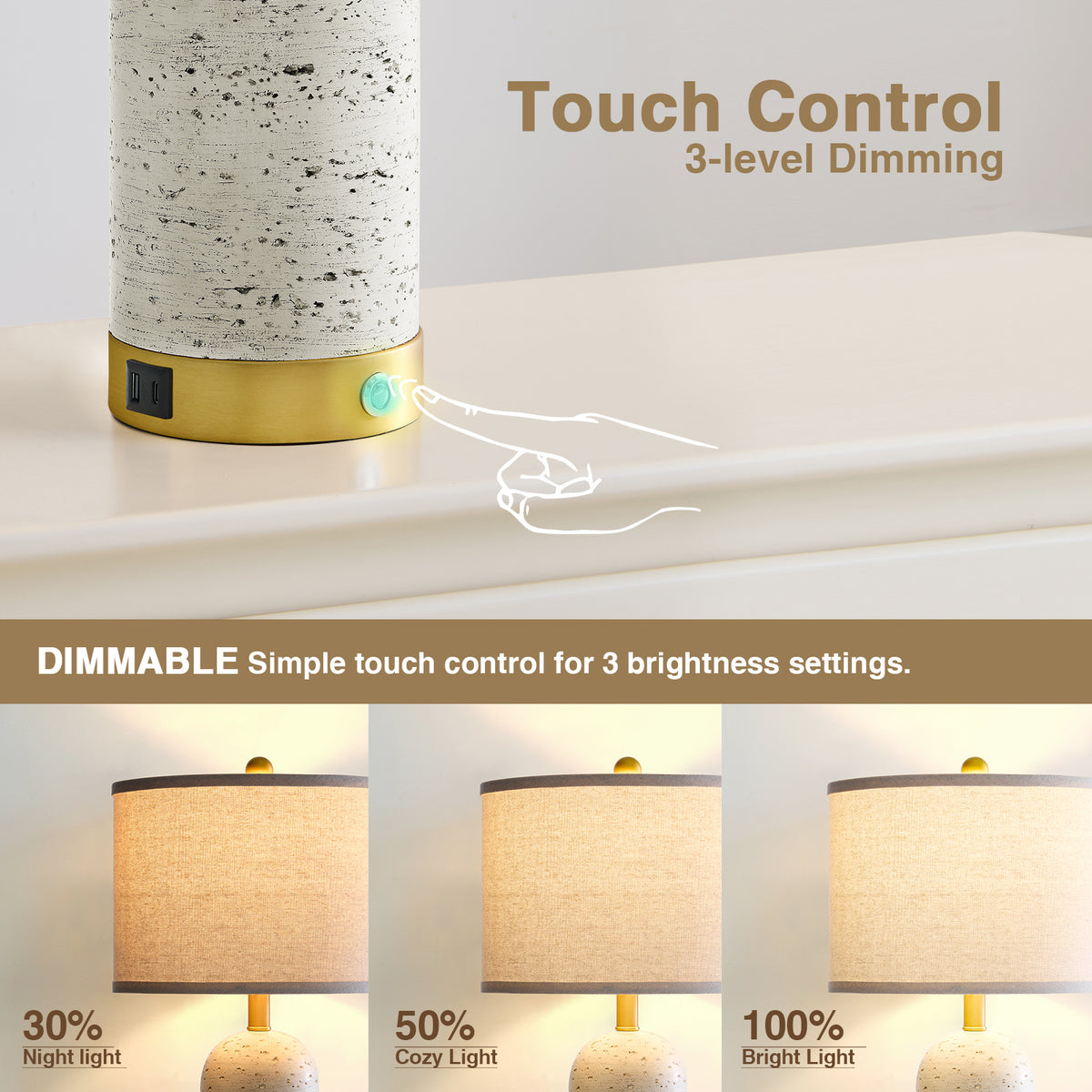 RORIA Modern Table Lamps Set of 2, 25"Touch Control Bedside Lamps with Linen Shades and Resin Bases, Featuring 3-Level Dimming,for Bedrooms, Living Room, and Offices (Bulbs Included)