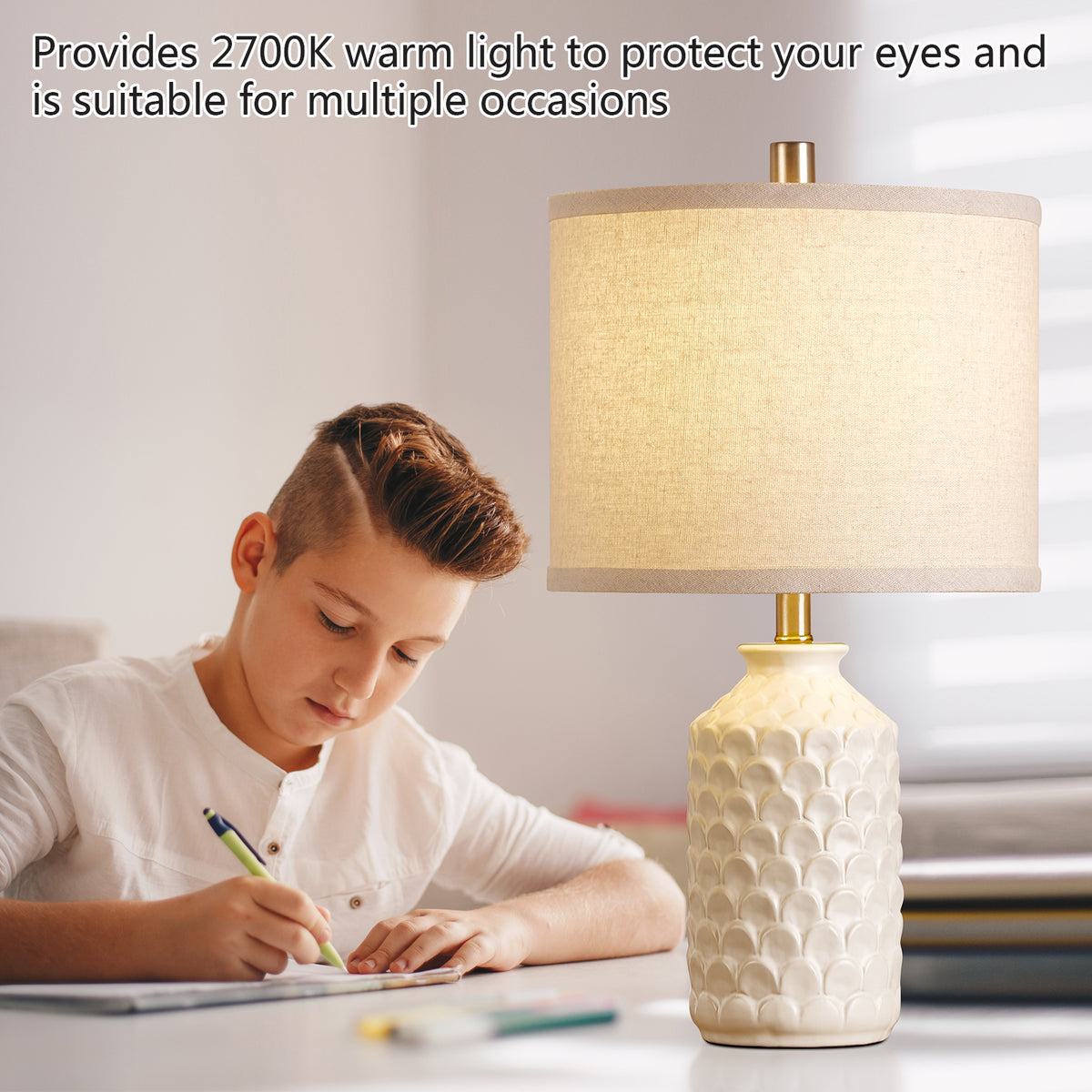 RORIA 21” Ceramic Table Lamps Set of 2,Modern White Bedside Lamps,for the Living Room or Bedroom Nightstands (Bulbs Included)