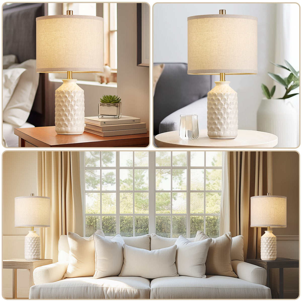 RORIA 21” Ceramic Table Lamps Set of 2,Modern White Bedside Lamps,for the Living Room or Bedroom Nightstands (Bulbs Included)
