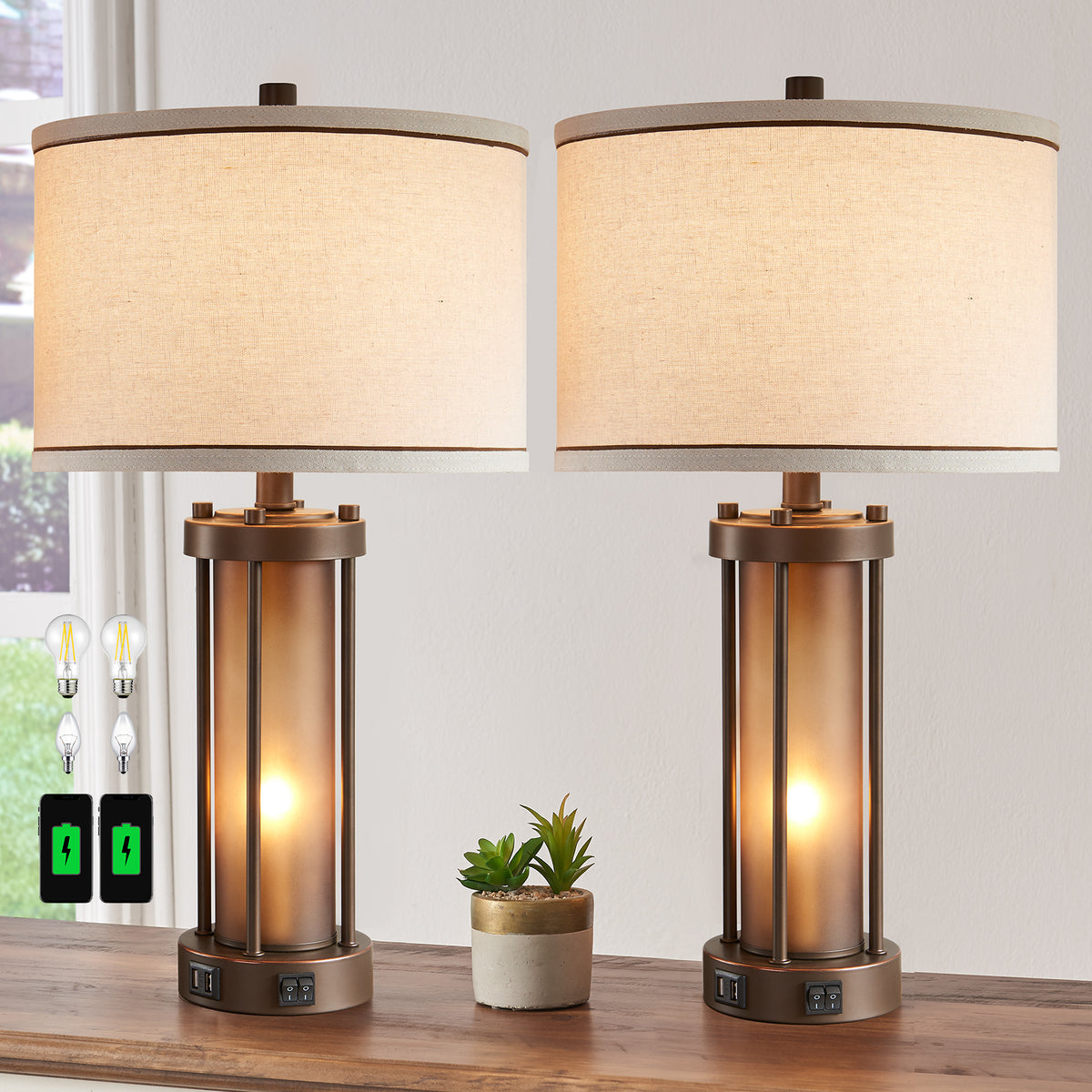 RORIA 24”Living Room Table Lamps Set of 2, Modern Farmhouse-Style Bedside Lamps, Featuring Dual USB-C&A Charging Ports and a Night Light Function, for Bedroom Nightstands