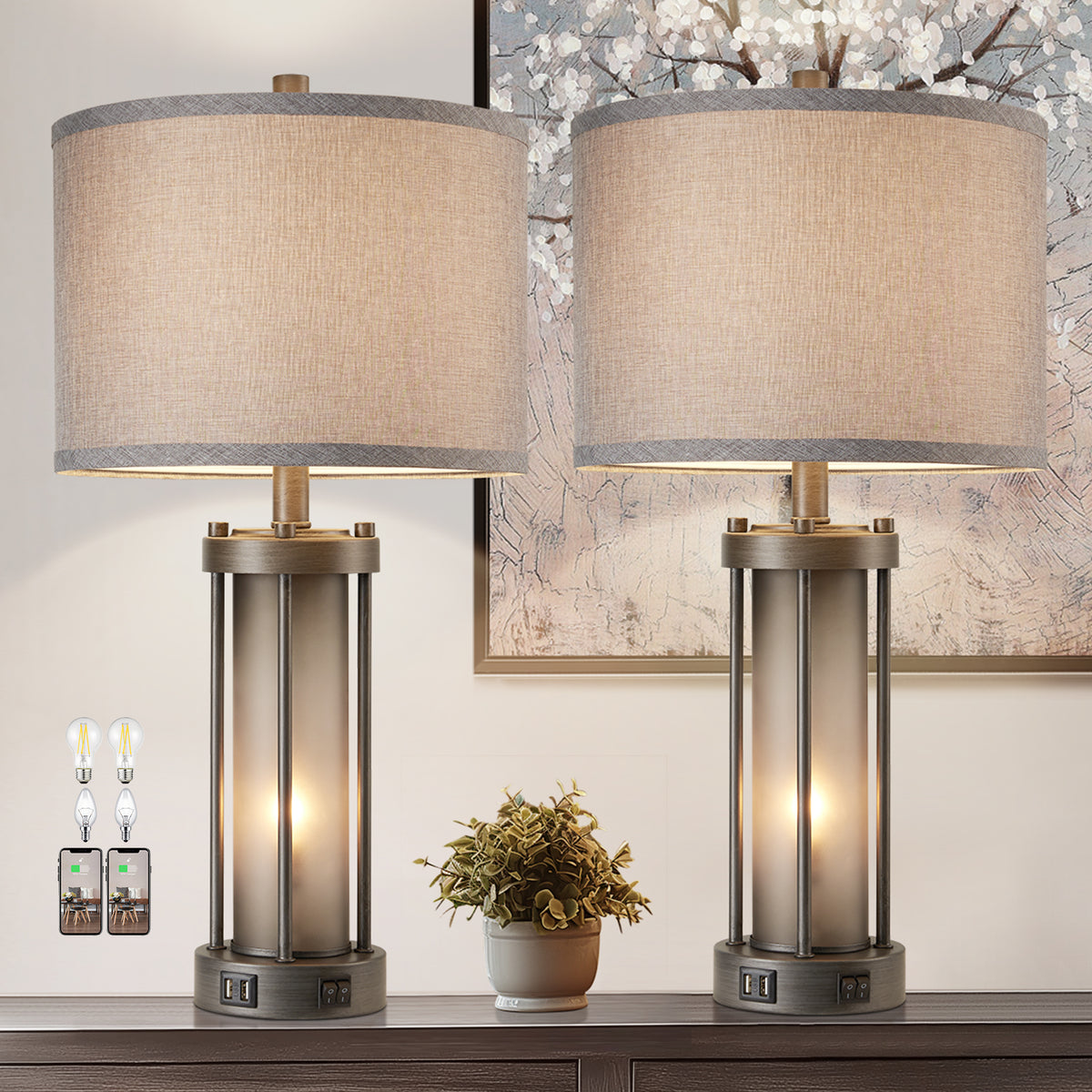 RORIA 25"Retro Table Lamps Set of 2, Farmhouse Style Bedside Lamps, Featuring USB-A&C Charging Ports and a Night Light Function, for Bedrooms, Living Room, and Offices (includes 2 bulbs).