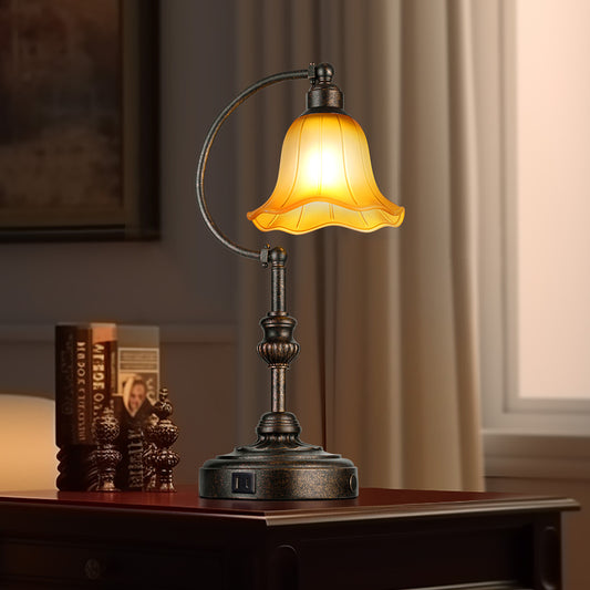 Touch Control Traditional Table Lamp With Glass Shade And USB A+C Charging Ports, Vintage Bronze Metal Base