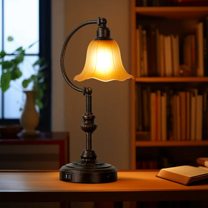Touch Control Traditional Table Lamp With Glass Shade And USB A+C Charging Ports, Vintage Bronze Metal Base