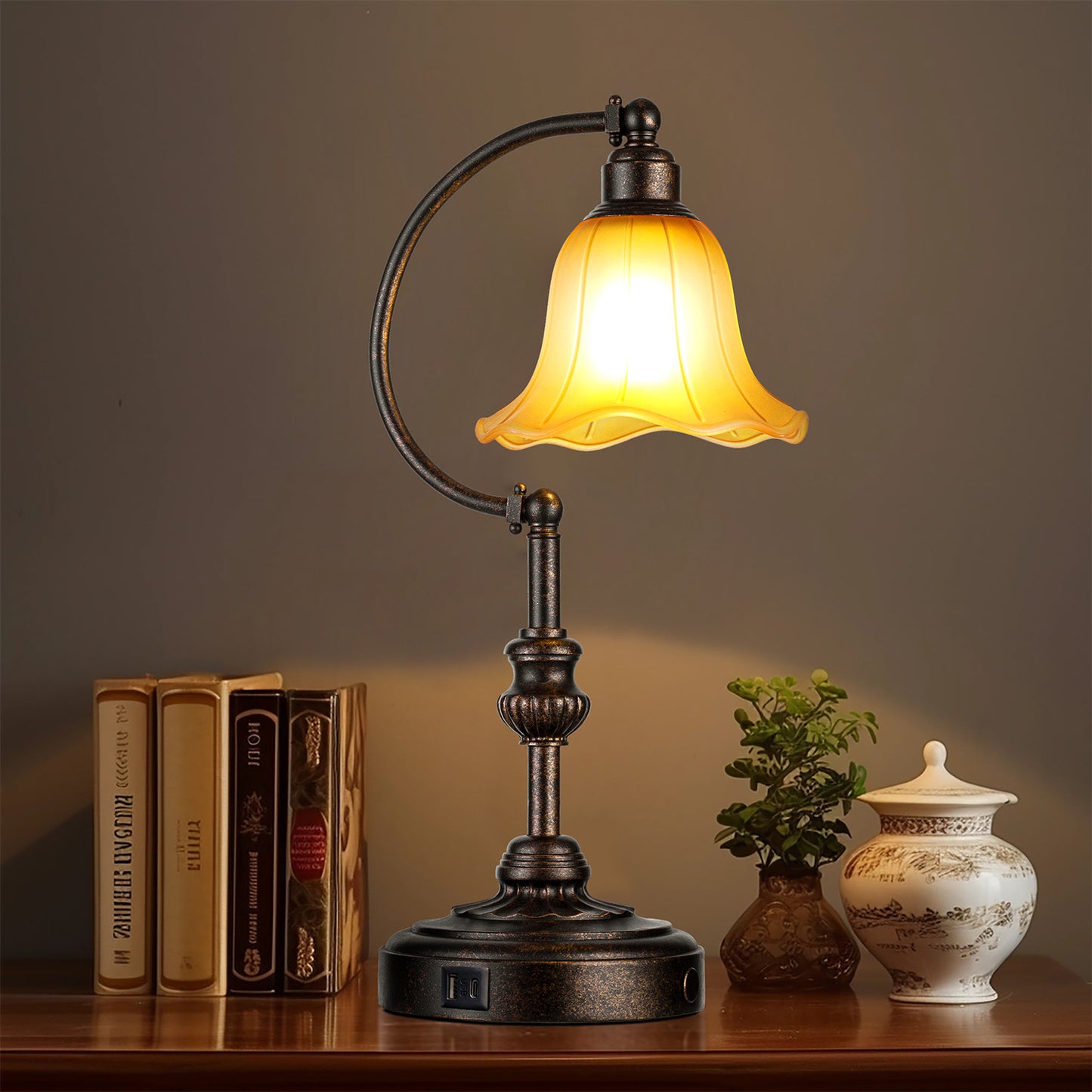 Touch Control Traditional Table Lamp With Glass Shade And USB A+C Charging Ports, Vintage Bronze Metal Base