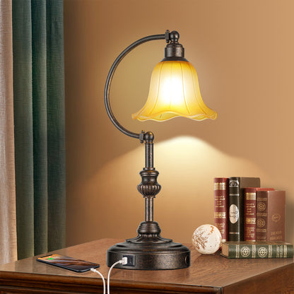 Touch Control Traditional Table Lamp With Glass Shade And USB A+C Charging Ports, Vintage Bronze Metal Base