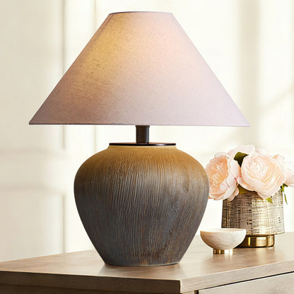 Rustic Earthenware Table Lamp with Vertical Texture, Linen Shade & Bulb Included — Modern Farmhouse Accent Light for Living Room or Bedroom
