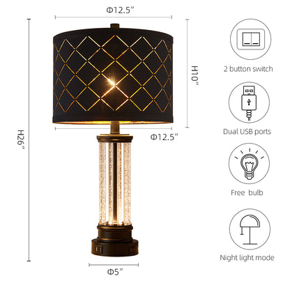 2Pc Diving Crystal Table Lamps w. Night Light & USB, Black Metal+Glass, Black Grid Lampshade