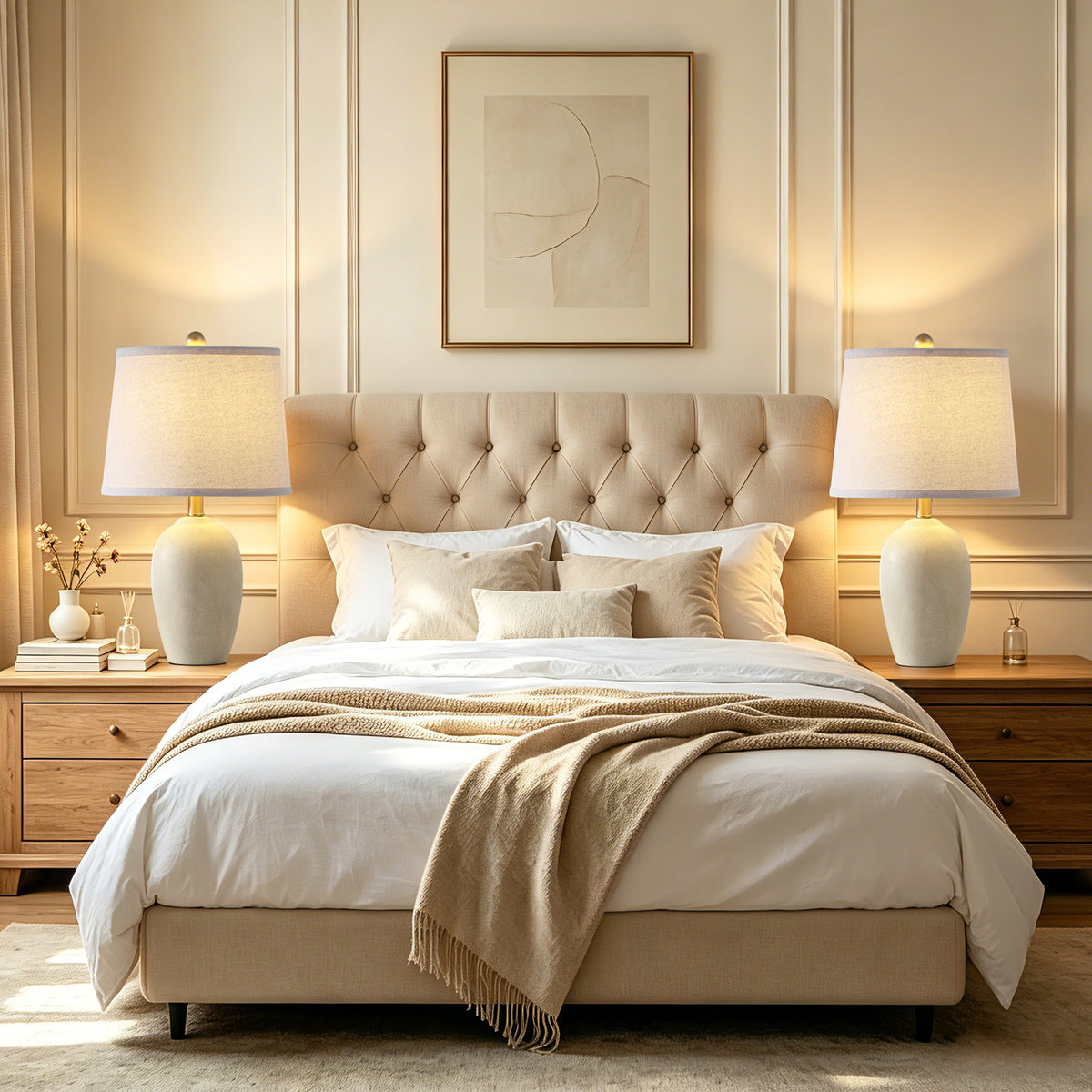 JUJUYUYOP 21" Ceramic Table Lamps Set of 2, for Living Room and Bedrooms， Modern-Style Bedside Table Lamps with Linen Lampshades and Bulbs Included