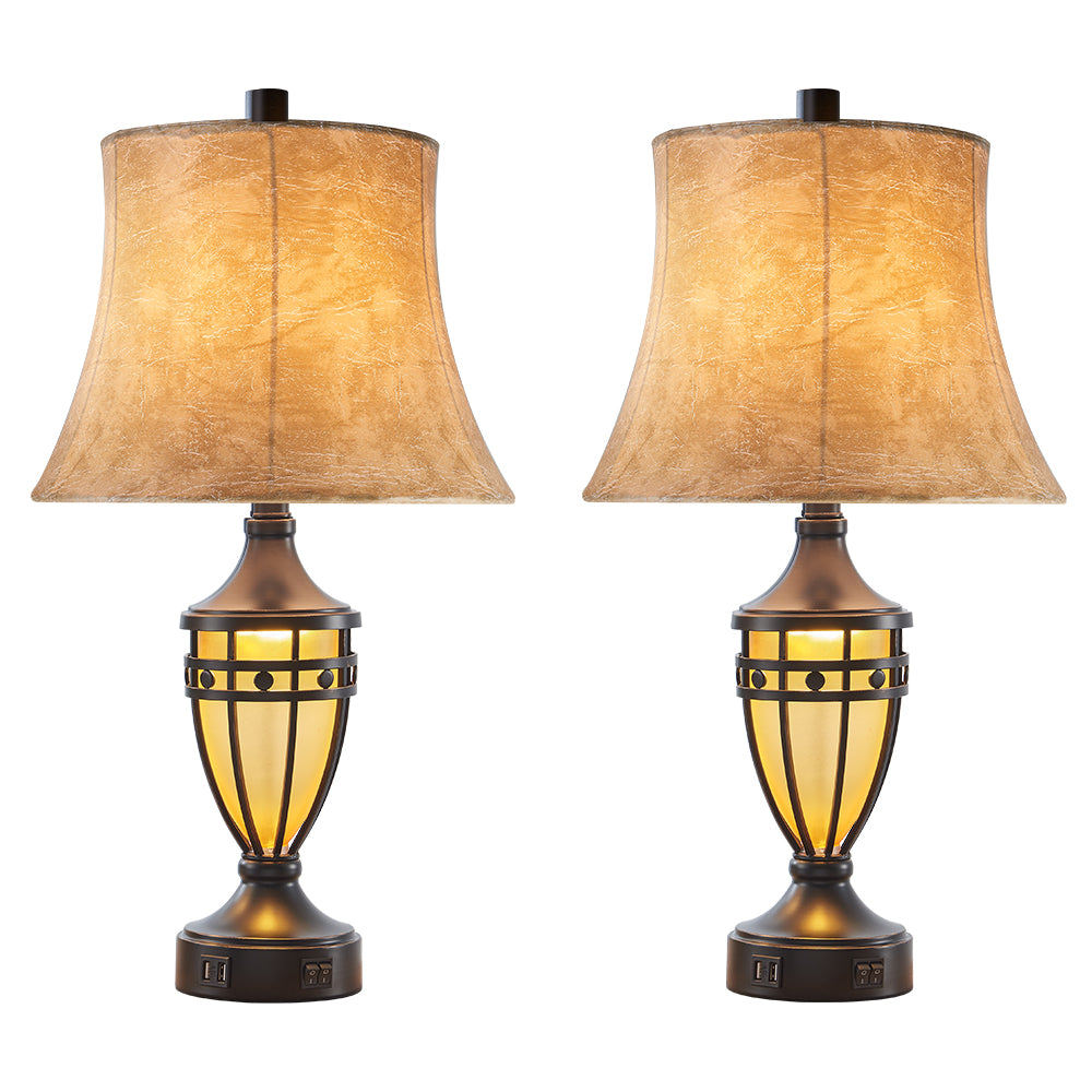 2Pc Crown Lantern Urn Table Lamps w. Night Light & USB, Bronze Metal+Glass, Faux Sheepskin Lampshade