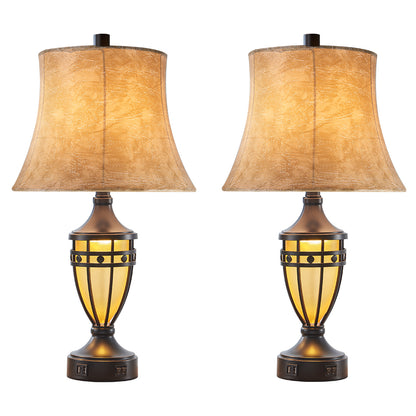 2Pc Crown Lantern Urn Table Lamps w. Night Light & USB, Bronze Metal+Glass, Faux Sheepskin Lampshade