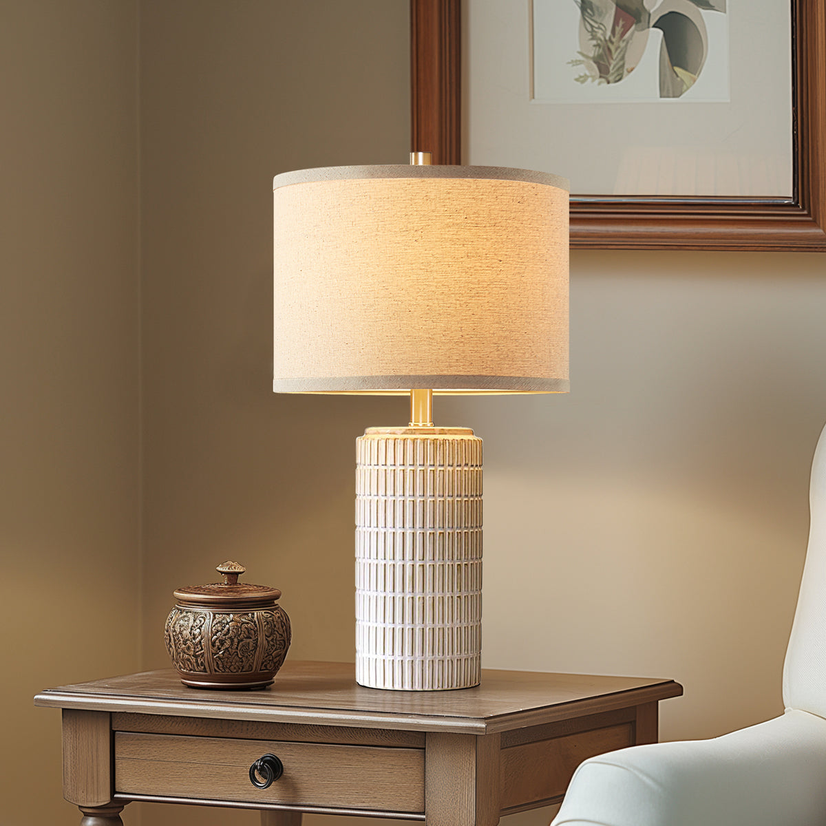 RORIA 23” White Ceramic Table Lamps Set of 2, Modern Style Bedside Lamps,for Bedrooms, Living Rooms, and Offices