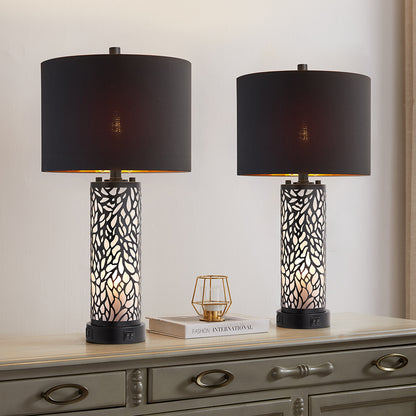 2Pc Geo Sculptural Table Lamps w. Night Light & USB, Black Metal+Glass, Black Lampshade