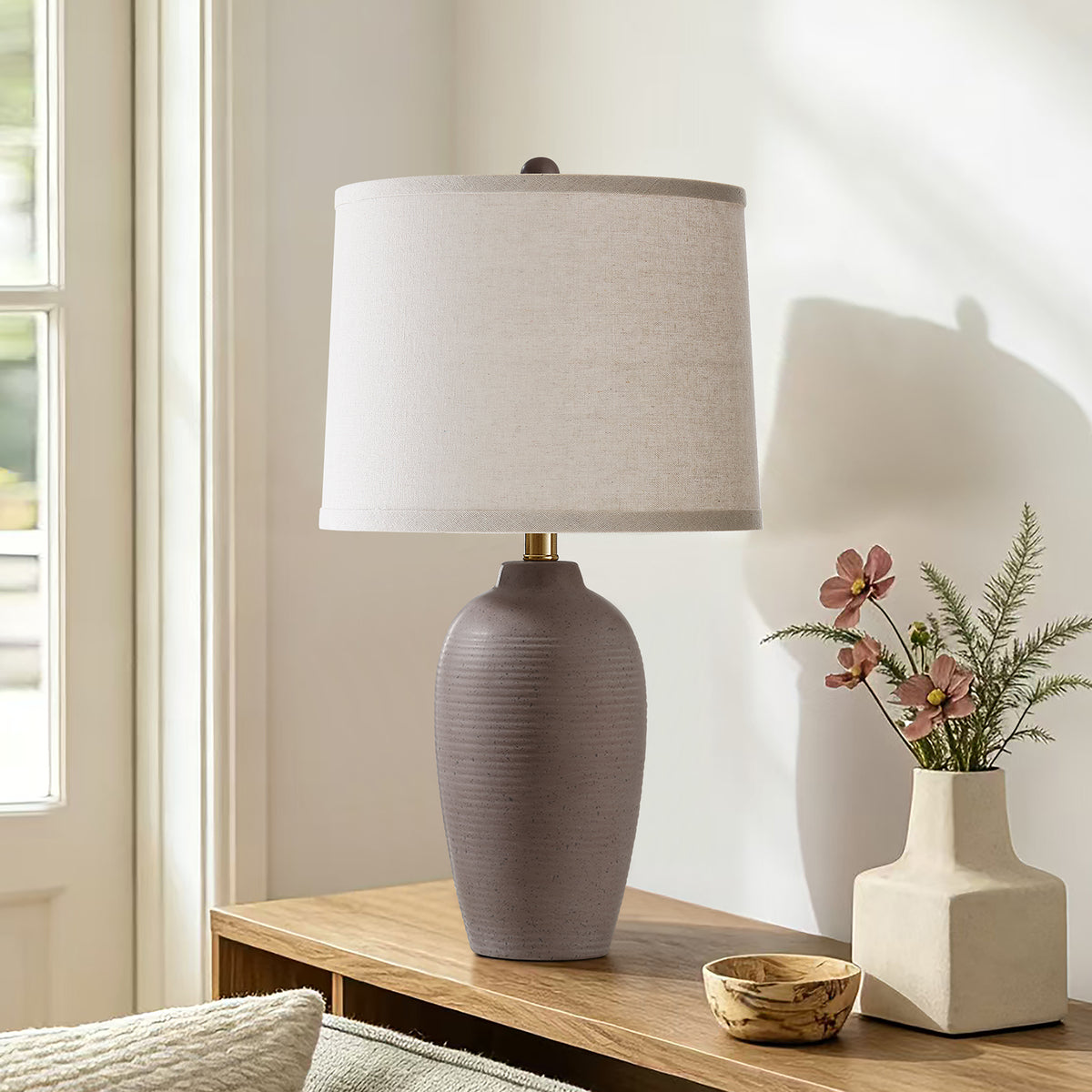 RORIA 25" Grey Textured Ceramic Table Lamps Set of 2,with Linen Drum Shade, Farmhouse Bedside Lamps for Living Room Bedroom, Bulbs Included