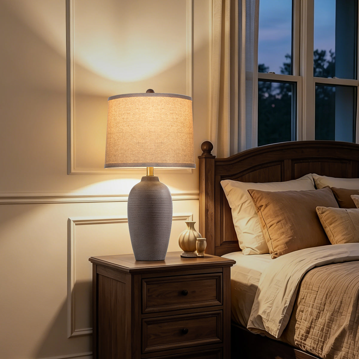 RORIA 25" Grey Textured Ceramic Table Lamps Set of 2,with Linen Drum Shade, Farmhouse Bedside Lamps for Living Room Bedroom, Bulbs Included