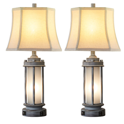 2Pc Belvoir Castle Table Lamps w. Night Light & USB, Gray Wash Metal+Glass, White Lampshade