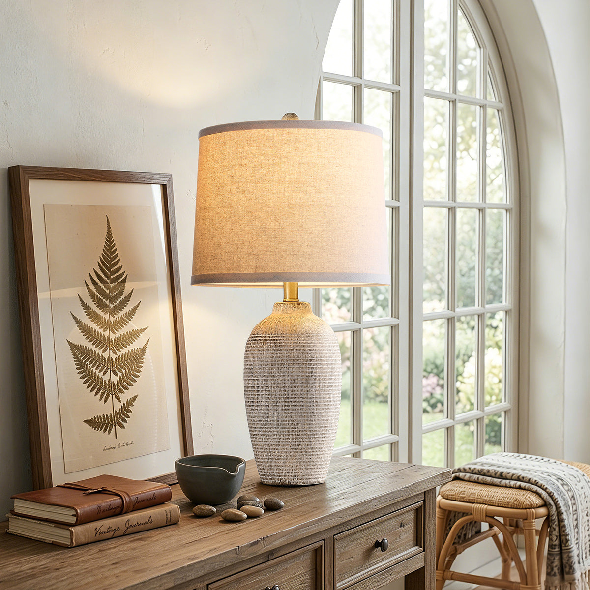 RORIA 25" White Ceramic Table Lamps Set of 2, Rustic-Style Bedside Lamps,With Round Linen Shades, for Bedrooms, Living Room, and Offices.