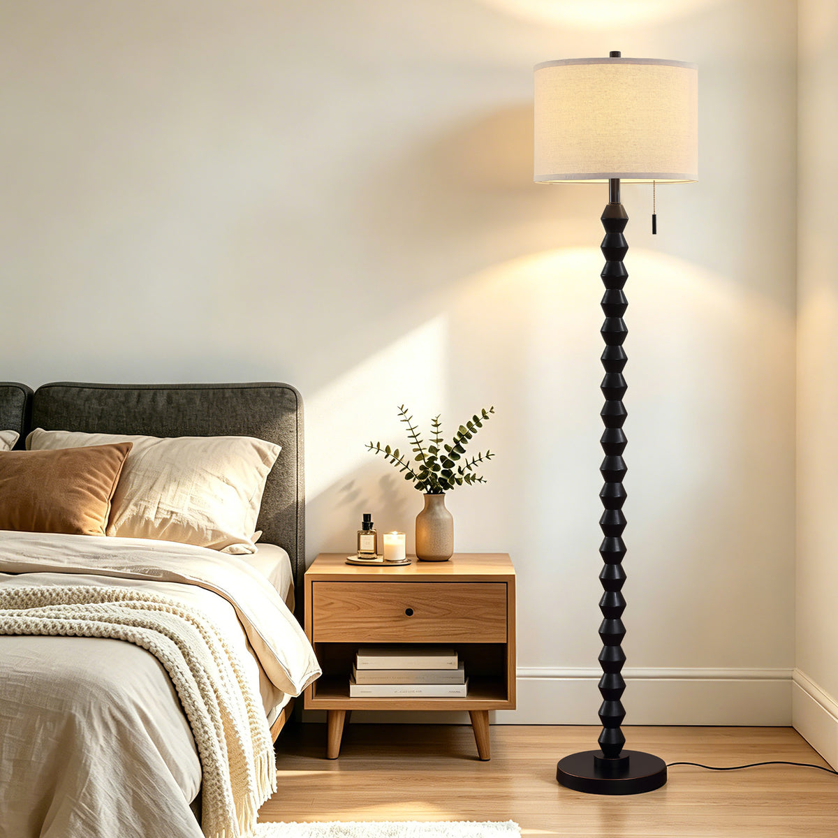 RORIA 65”Black Solid Wood Floor Lamp, with a Round Linen Shade and Pull Cord Switch,modern Standing Lamp,for Living Room, Bedrooms, and Offices（bulb included）
