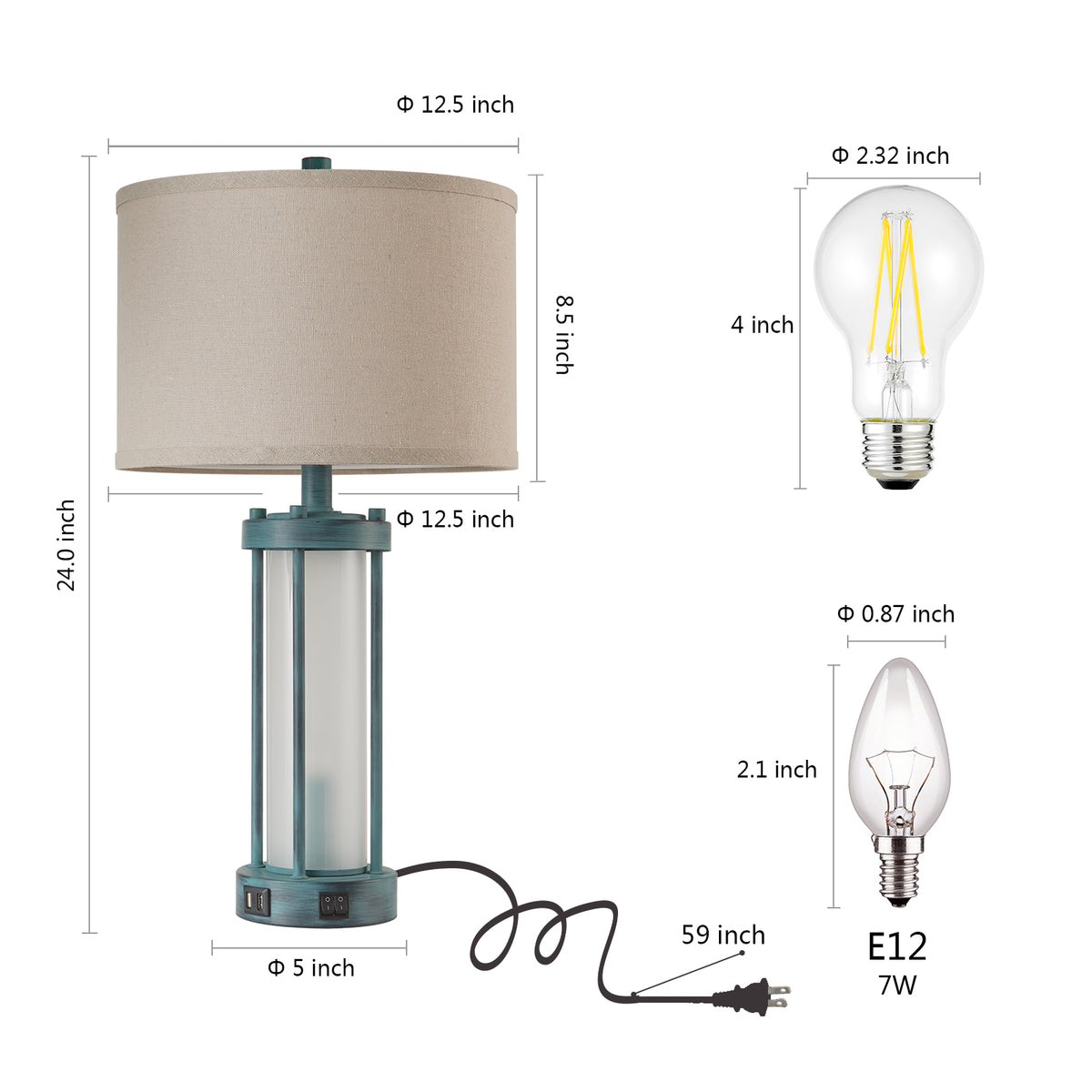 RORIA 24" Country-Style Table Lamps Set of 2, Featuring USB-C&A Ports, Metal Frame, and Glass Base, with Separate Night Light Function, for Bedrooms, Living room, and Offices.