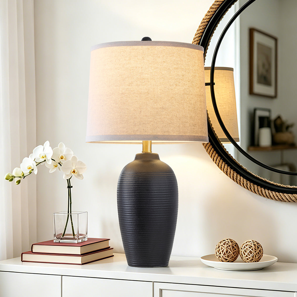 RORIA 25" Black Ceramic Table Lamps Set of 2, Modern-Style Bedside Lamps with Round Linen Shades, for Bedrooms and Living Room.