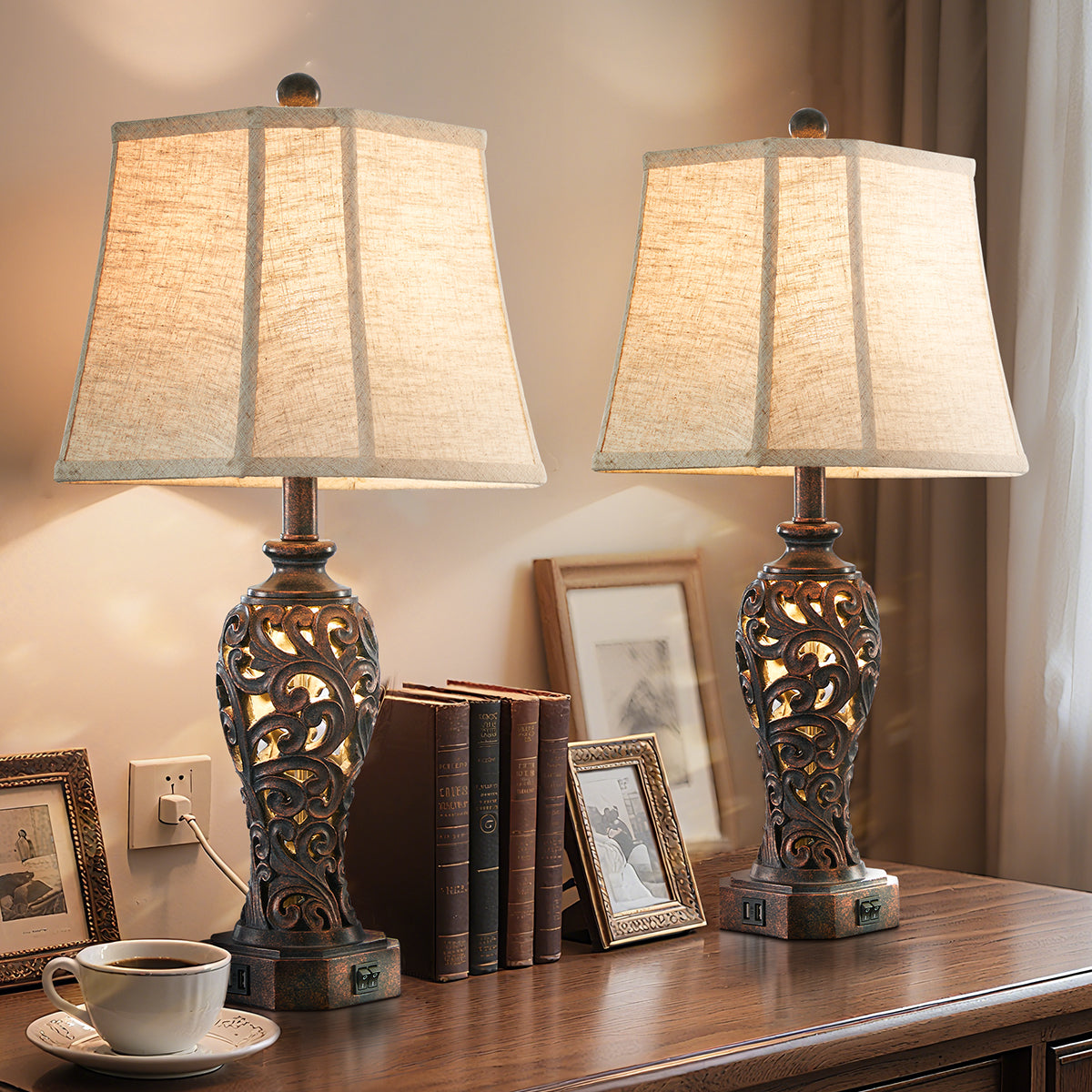 27" Farmhouse Table Lamp Set with USB for Bedroo m or Living Room (Set of 2)