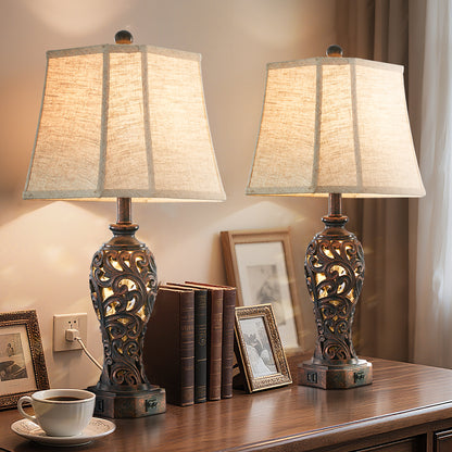 27" Farmhouse Table Lamp Set with USB for Bedroo m or Living Room (Set of 2)