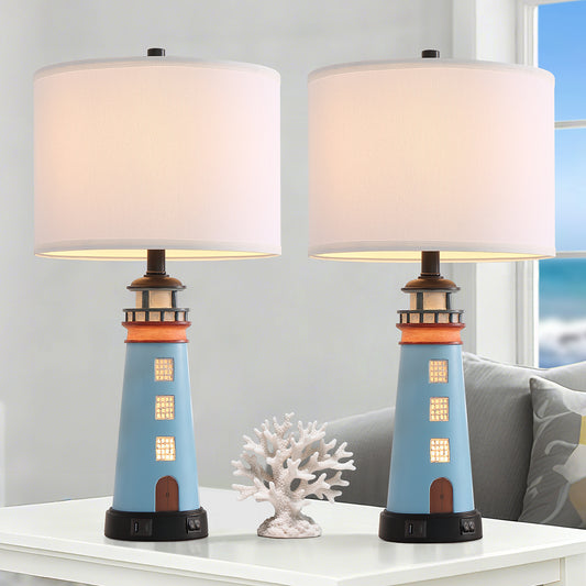 Set Of 2 Lighthouse Table Lamps With Night Light, Coastal Nautical Bedside Lamp With USB Ports & Free Bulbs, Blue Resin Base