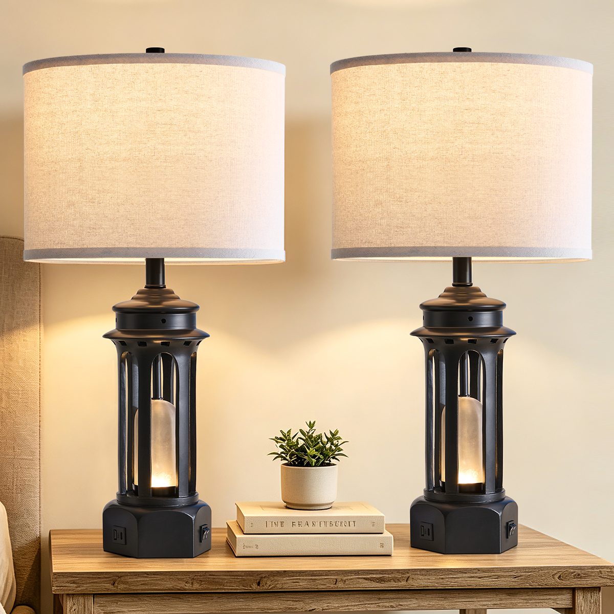 Rohopeto 27"Living room Table Lamps Set of 2,with USB A+C Ports,Dual-Switch Design,Built-in Smoked-Glass Nightlight,(Bulbs Included)Modern Bedroom Table Lamps