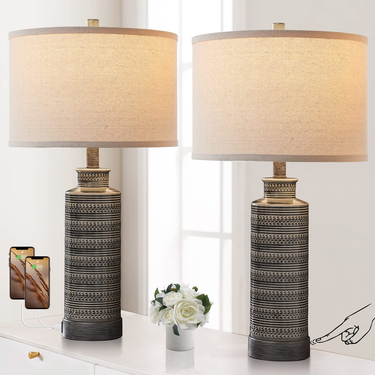 JUJUYUYOP 3 Way Dimmable Touch Ceramic Table Lamp Set of 2, with USB Port, 24"Farmhouse-Style Bedside Lamp, Suitable for Bedrooms and Living Rooms (Bulbs Included)