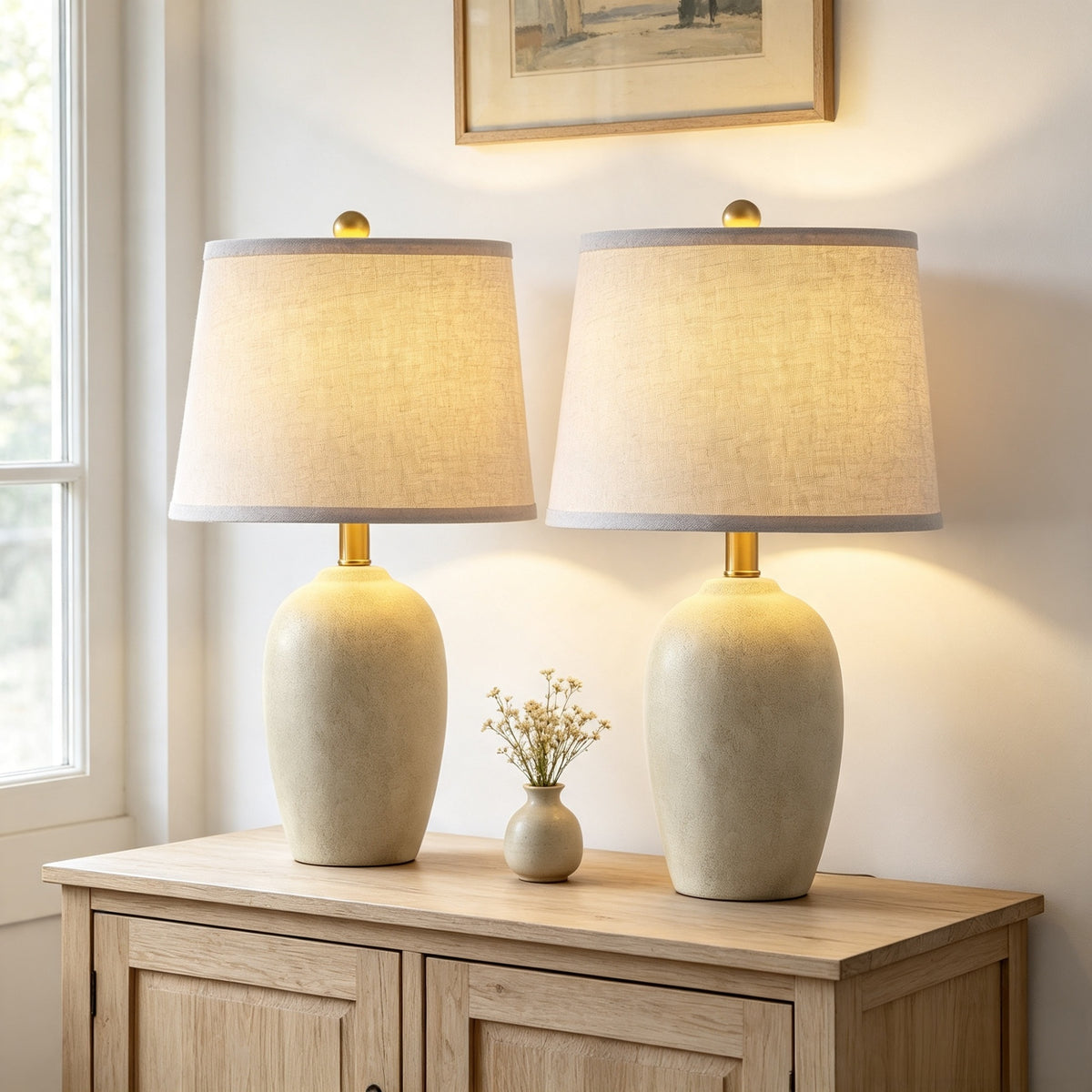 JUJUYUYOP 21" Ceramic Table Lamps Set of 2, for Living Room and Bedrooms， Modern-Style Bedside Table Lamps with Linen Lampshades and Bulbs Included