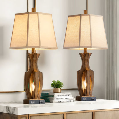26 "wood grain table lamp with night light and dual USB ports (set of 2)