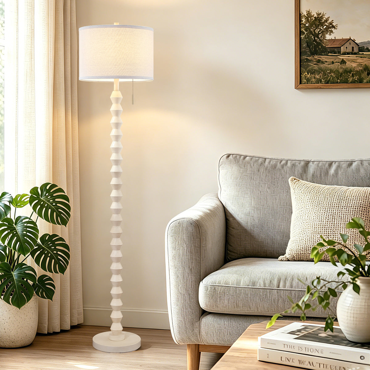 RORIA White Solid Wood Floor Lamp, 65” Modern-Style Standing Lamp, Featuring a Round Linen Shade and a Zip-Pull Switch, for Living Room, Bedrooms, and Offices.