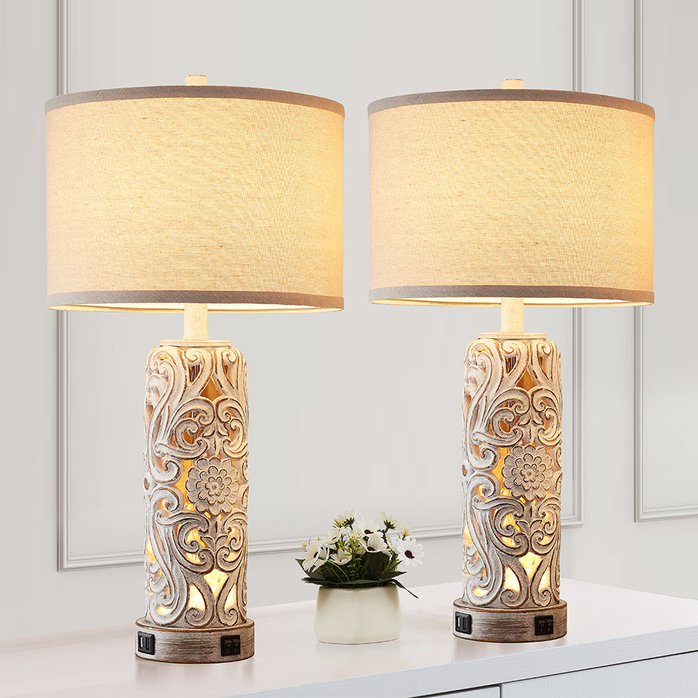 Carved Floral Pillar Table Lamps w. Night Light & USB, Wash White Resin, White Lampshade