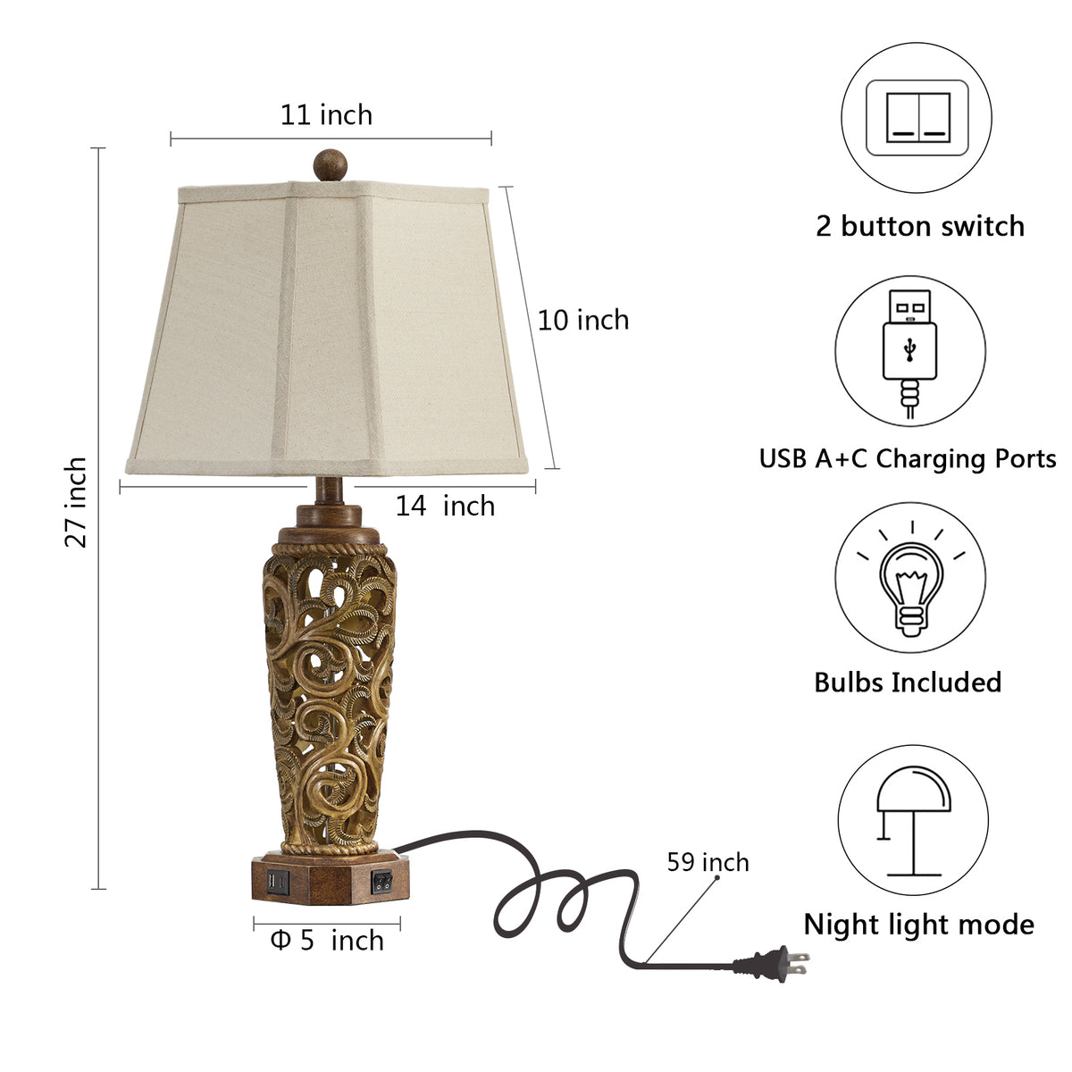 JUJUYUYOP 27" Living Room Farmhouse Table Lamps Set of 2 with Dual USB Ports Red-Brown Resin Vintage Bedside Table Lamp ，Suitable for entryways and offices (bulb included)