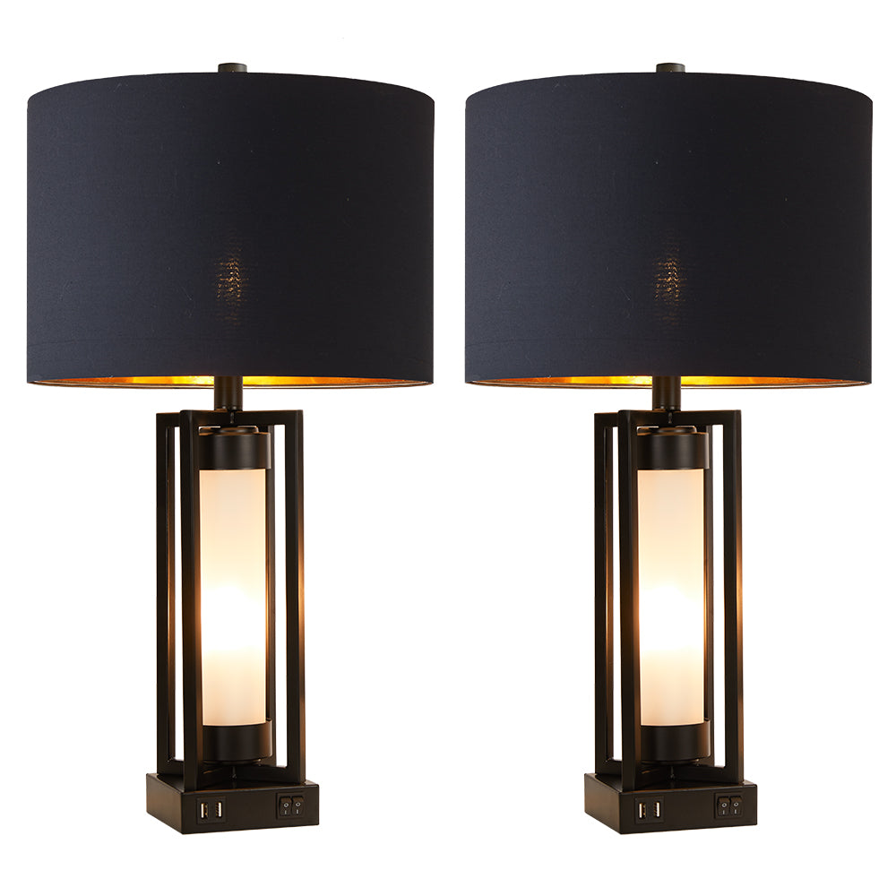 2Pc Dover Castle Table Lamps w. Night Light & USB, Black Metal+Glass, Black Lampshade