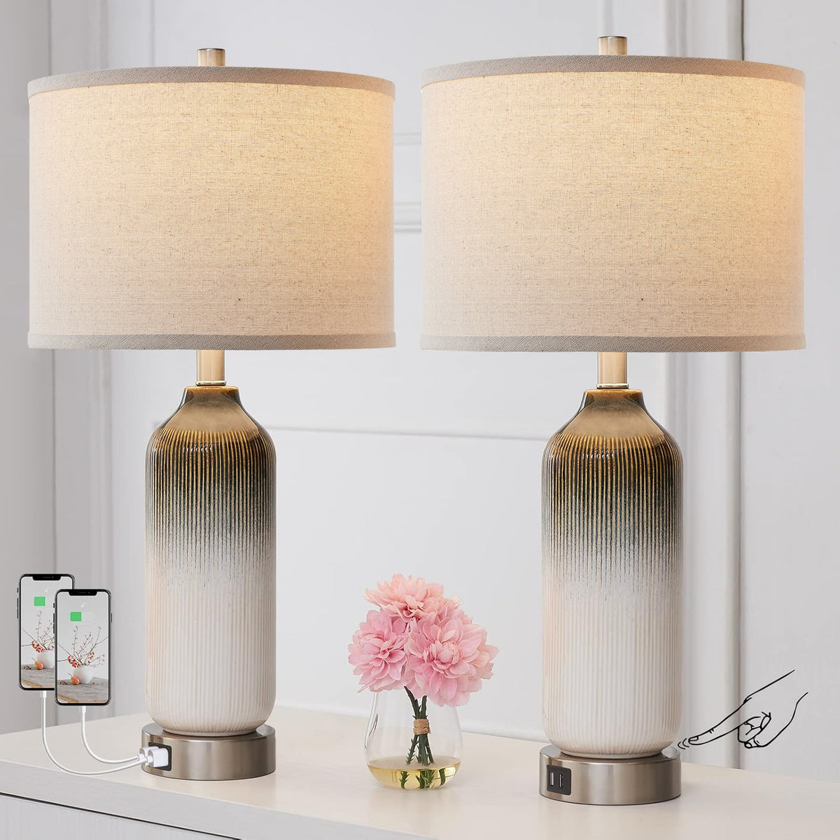 JUJUYUYOP 3 Way Dimmable Ceramic Table Lamps Set of 2 with Dual USB Ports, 25.5" Touch-Control Modern Bedside Lamp, for Bedrooms and Living Rooms (Bulb Included)
