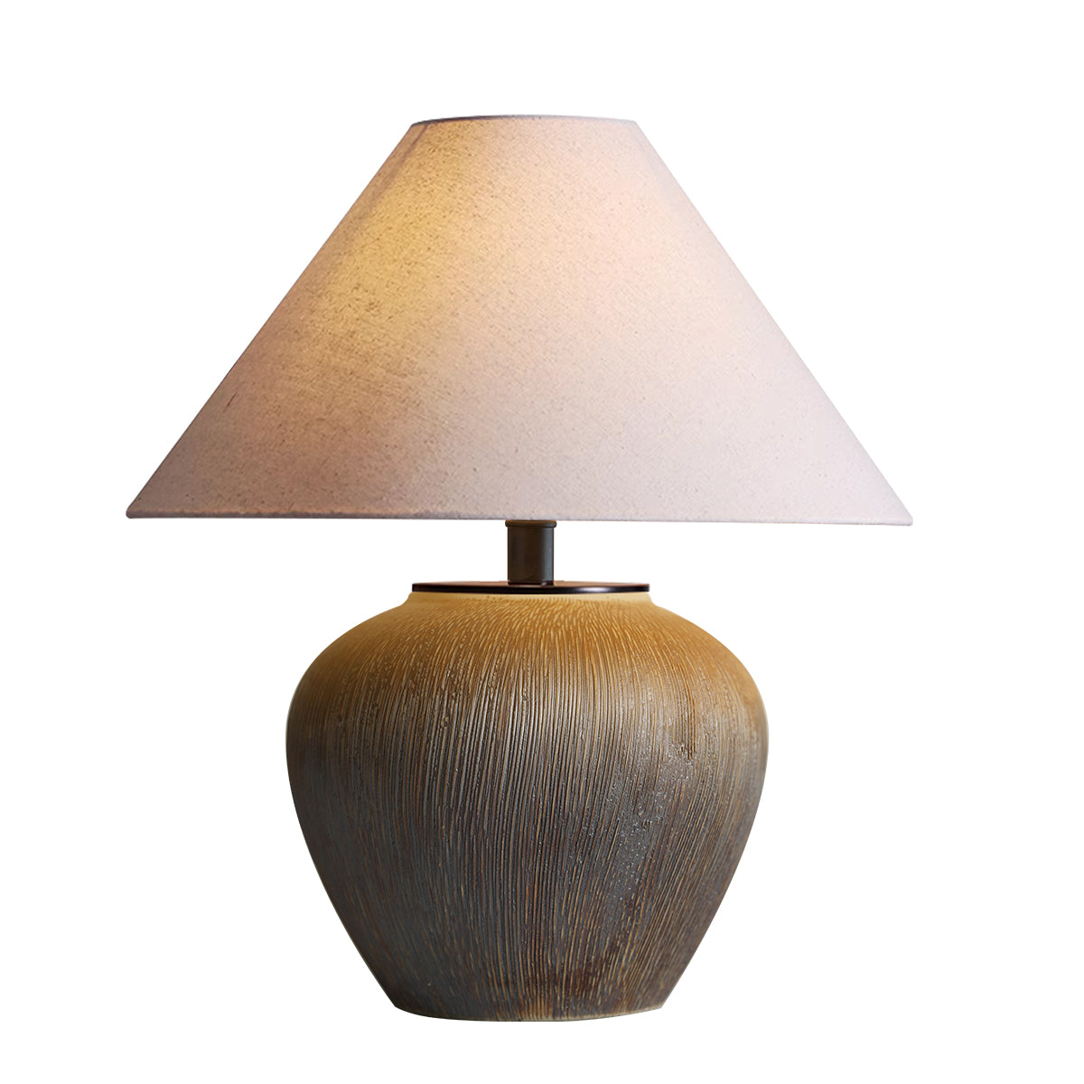 Rustic Earthenware Table Lamp with Vertical Texture, Linen Shade & Bulb Included — Modern Farmhouse Accent Light for Living Room or Bedroom