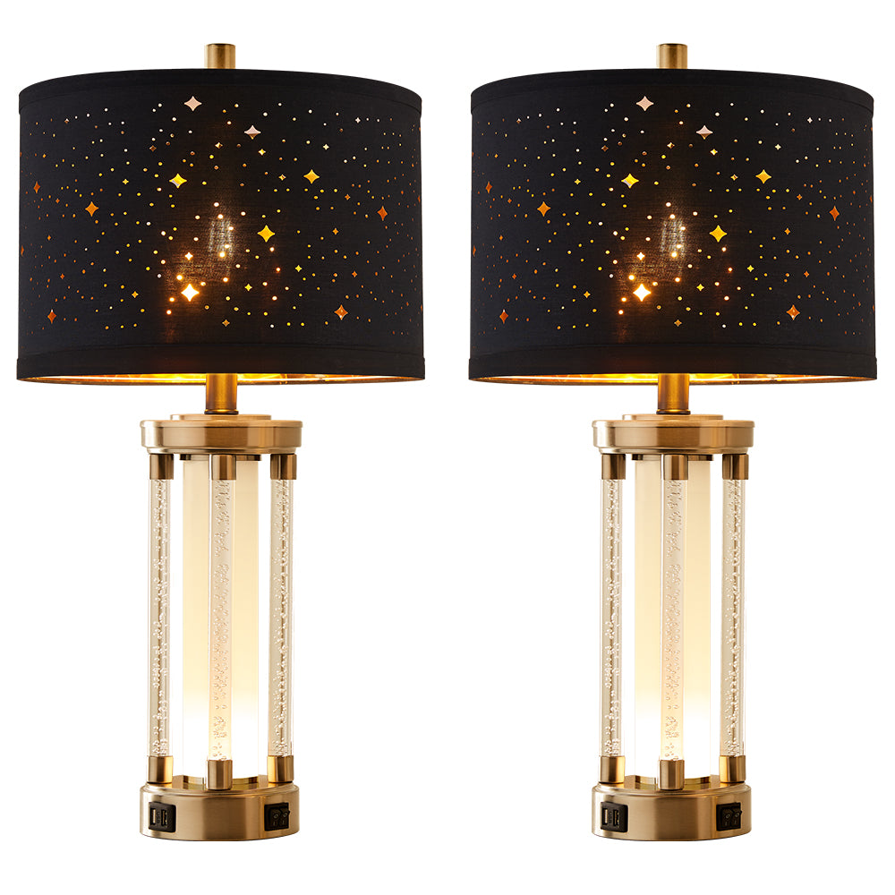 2Pc Fusion Crystal Table Lamps w. Night Light & USB, Nickel Metal+Acrylic, Black Starry Lampshade