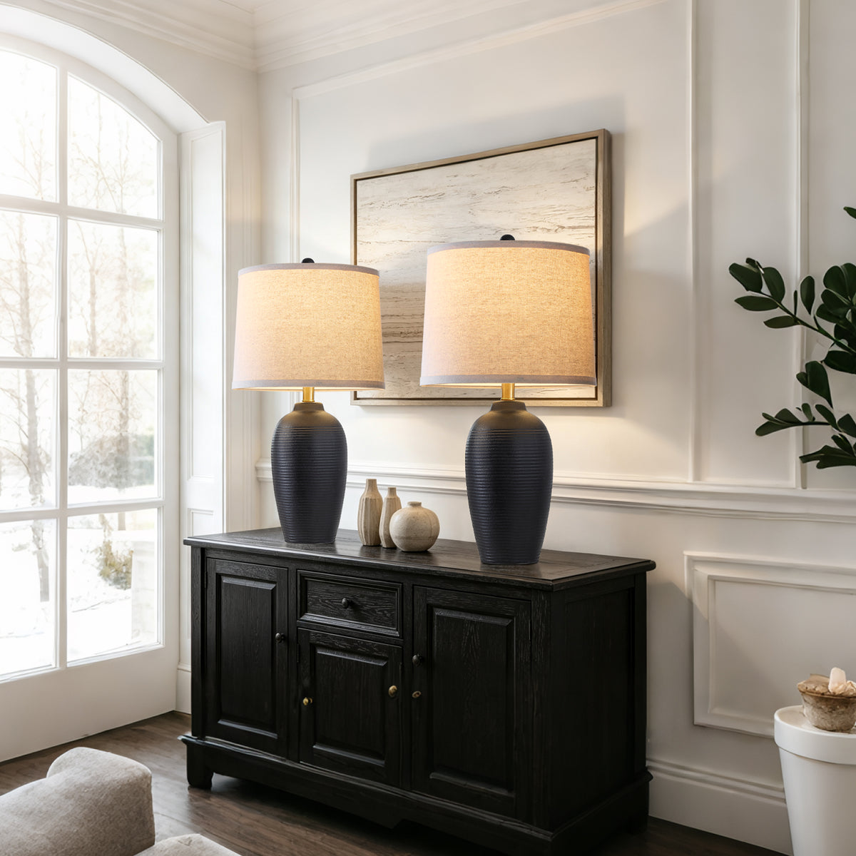 RORIA 25" Black Ceramic Table Lamps Set of 2, Modern-Style Bedside Lamps with Round Linen Shades, for Bedrooms and Living Room.