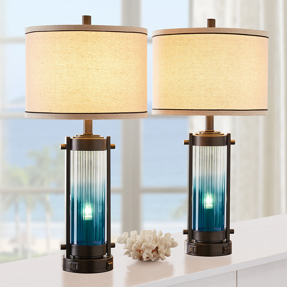 Ocean Castle Table Lamps w. Night Lights & USB, Gradient Blue, Set of 2