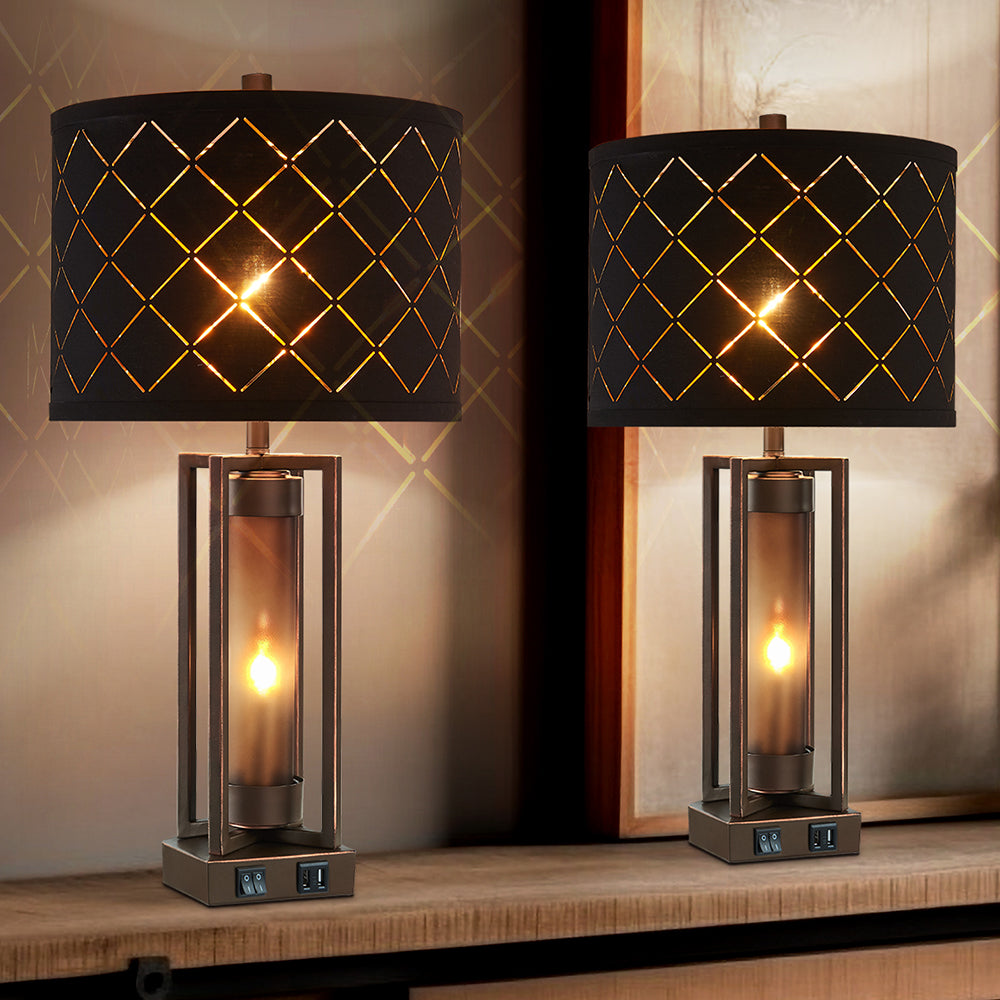 2Pc Dover Castle Table Lamps w. Night Light & USB, Bronze Metal+Glass, Black Grid Lampshade