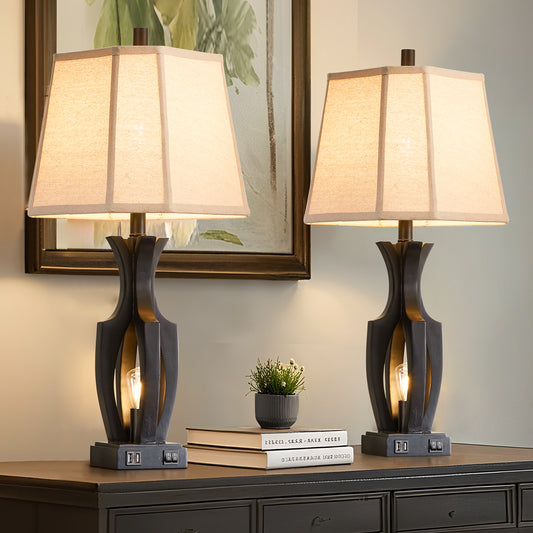 26 "wood grain table lamp with night light and dual USB ports (set of 2)