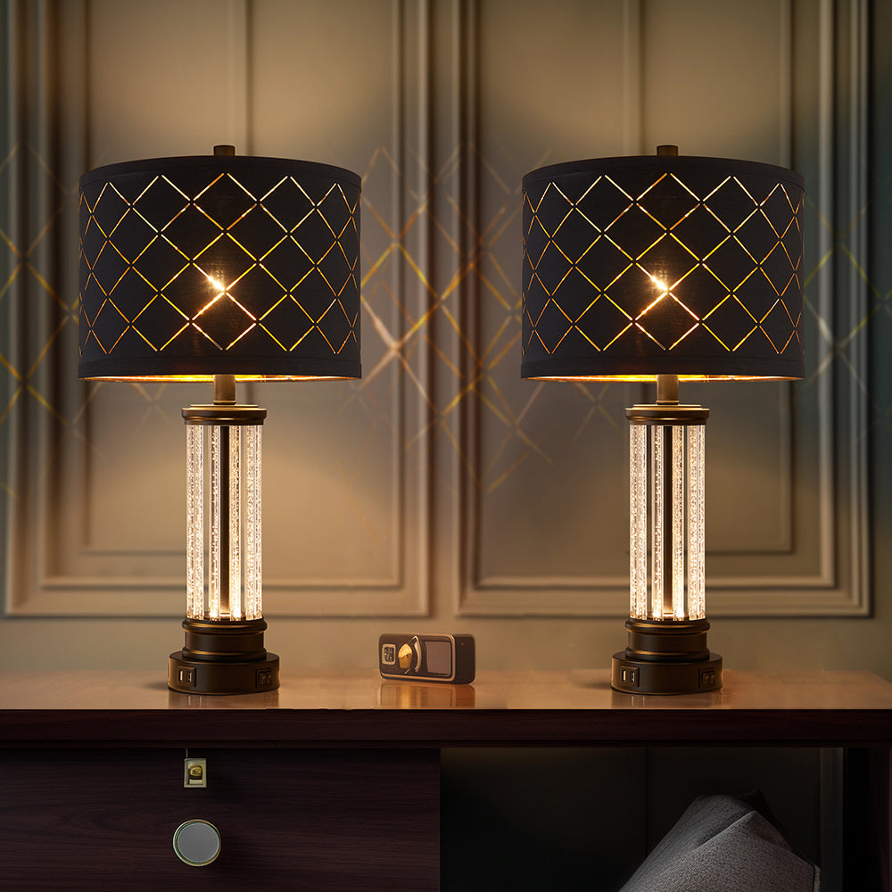 2Pc Diving Crystal Table Lamps w. Night Light & USB, Black Metal+Glass, Black Grid Lampshade