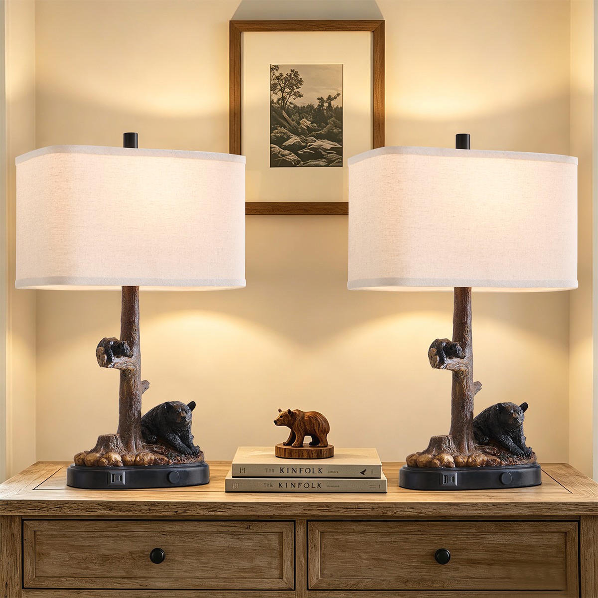 Rohopeto Touch Control Table Lamps,23" Tall,with USB A+C Ports,3 Way Dimmable Nightlight,Bedside Nightstand Lamps,for Bedroom Living Room Vintage Farmhouse Style,Brown Bear Resin(Bulbs Included)