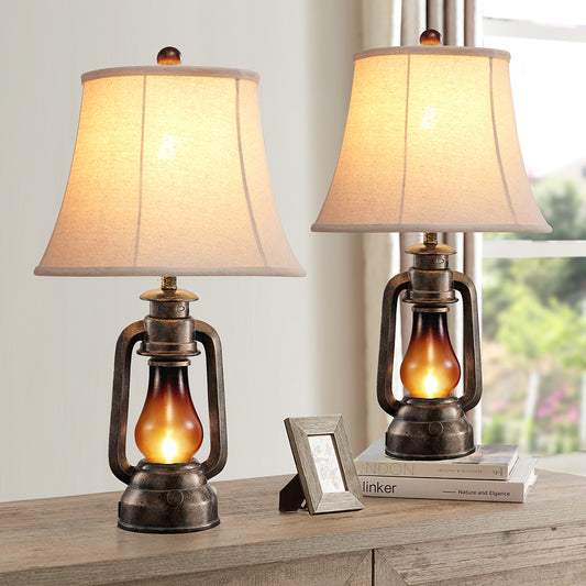 2Pc Kero Lantern Table Lamps w. Night Light & USB, Bronze Resin+Glass, White Lampshade