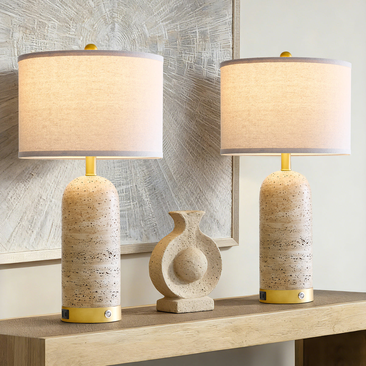 RORIA 25" Modern Resin Table Lamps Set of 2,for Bedrooms and Living Room, Featuring USB-A&C Charging Ports,Touch-Control 3-Level Dimming Bedside Lamp