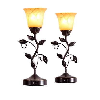 2Pc Forever Rose Table Lamps w. USB, Bronze Metal, Glass Lampshade