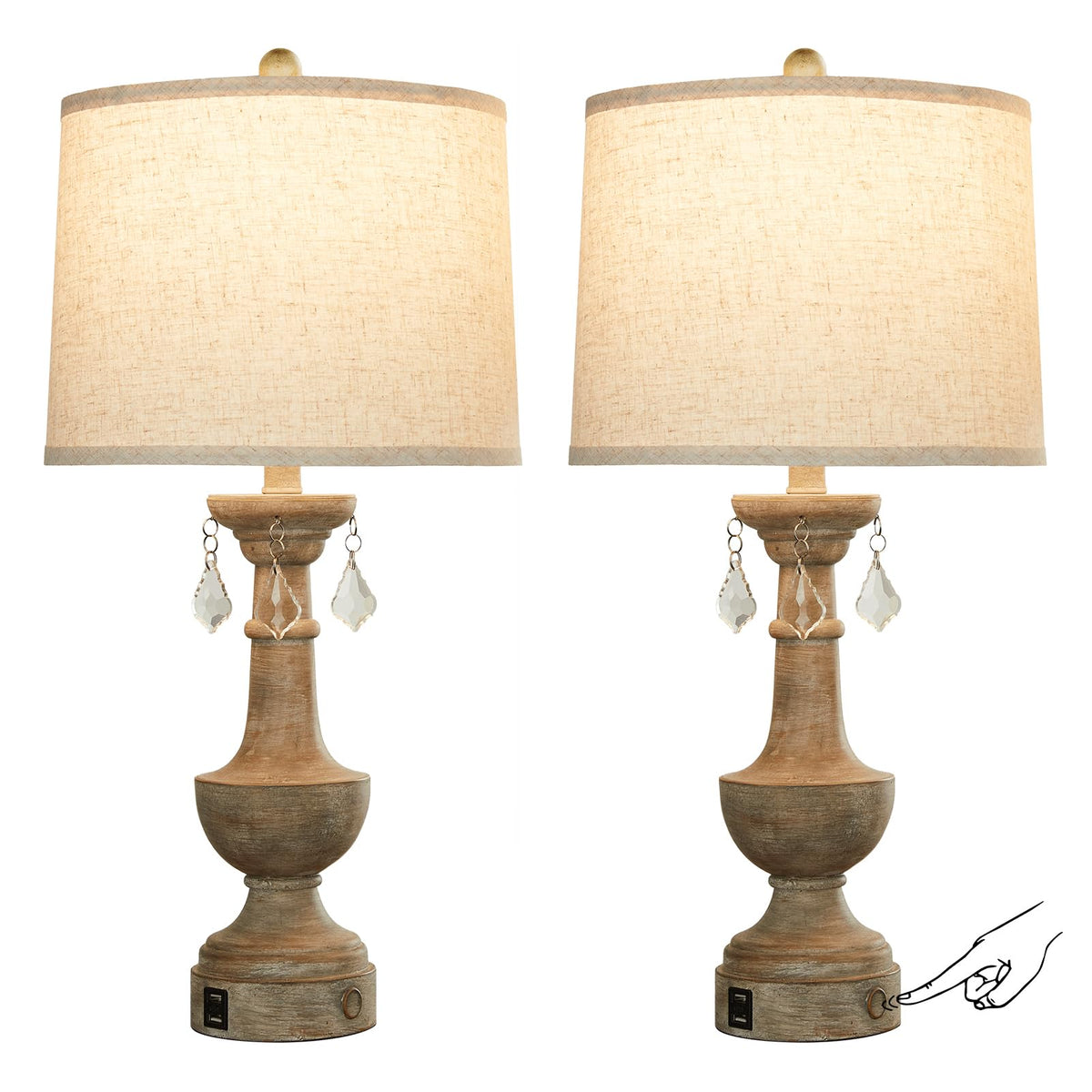 JUJUYUYOP Three-Level Dimmable Table Lamps Set of 2, with Usb Port, 25" Farmhouse-Style Touch Bedside Lamp, Suitable for Living Room, Bedroom, Nightstand(Bulb included)
