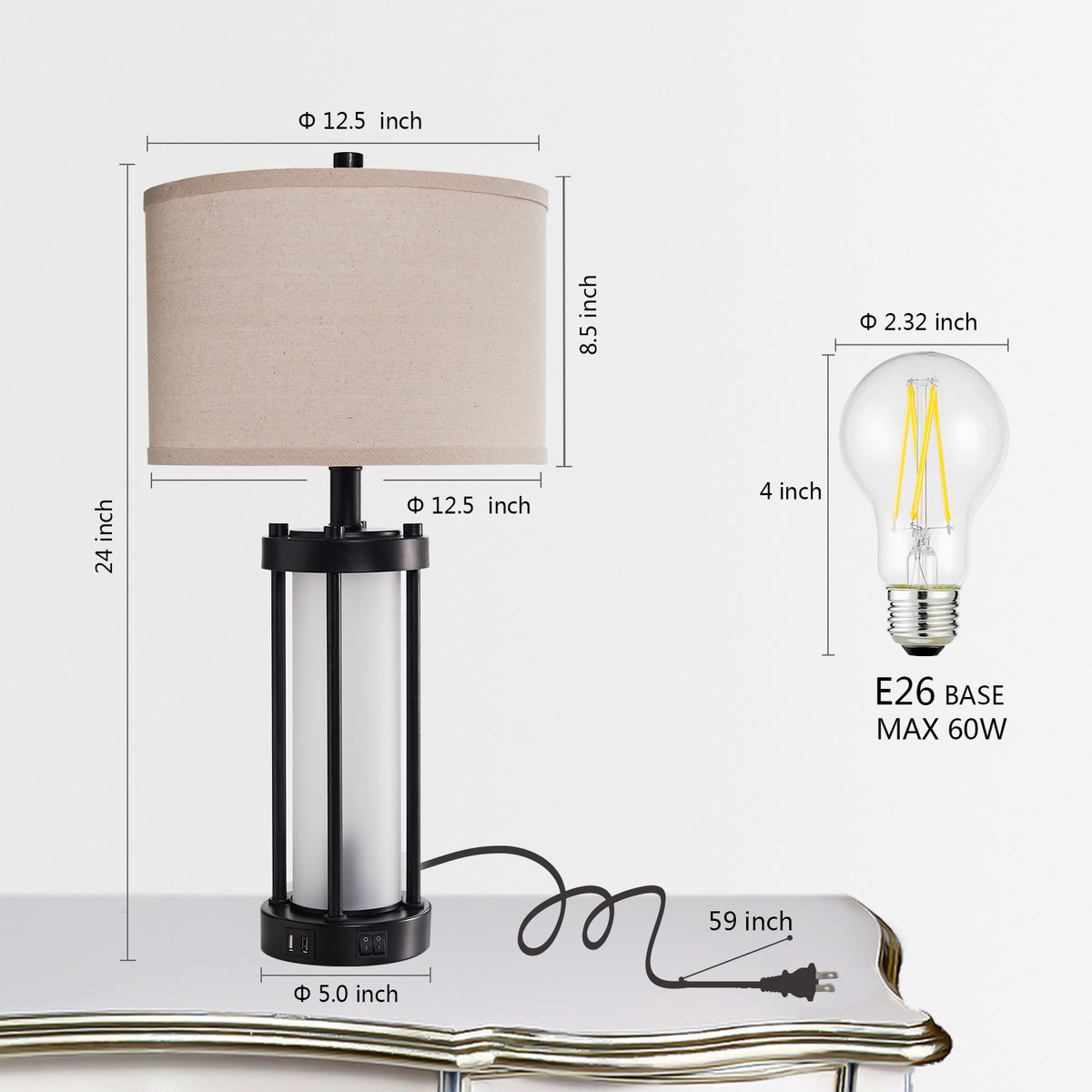 RORIA 24"Modern Living Room Table Lamps Set of 2, with Dual USB-C&A Charging Ports, Built-in Frosted White Glass Night Light, Black Retro Country Farmhouse Style, for Bedroom Bedside Lamps